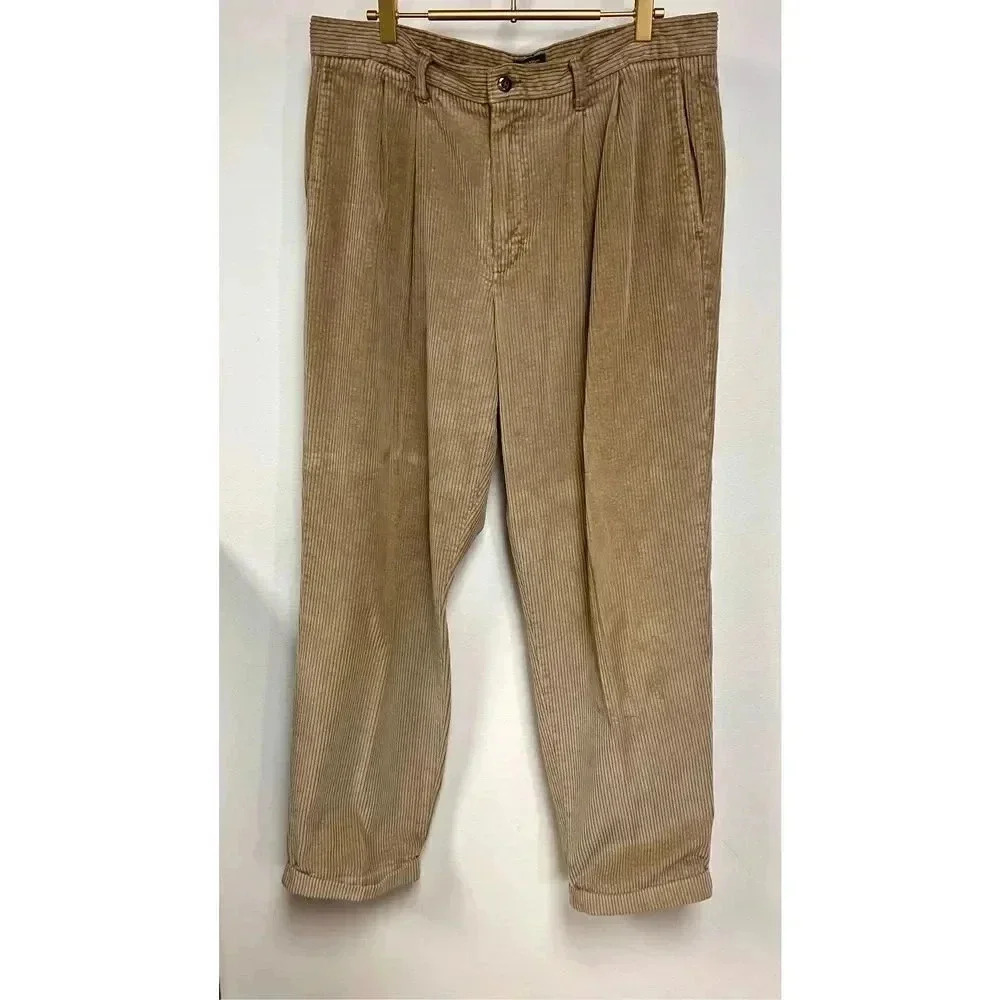Vintage Dockers Khakis Mens Tan Pleated Front Cuffed Hem Corduroy Panty 36x32